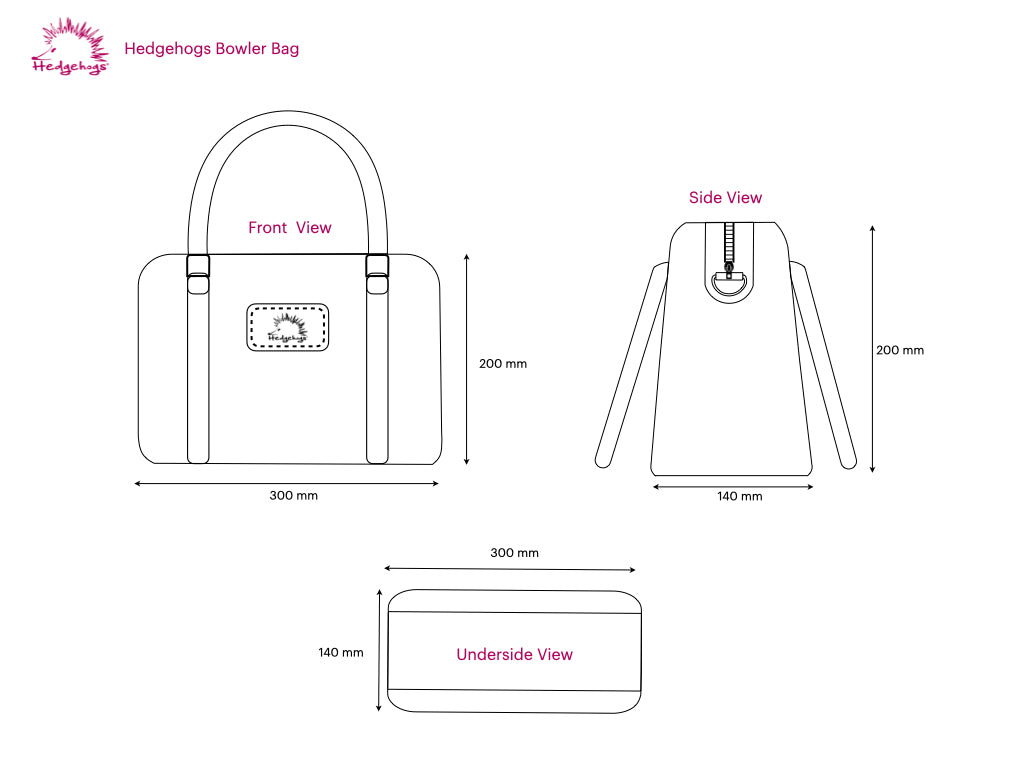 Technical drawing of a Hedgehogs Bowler Bag with dimensions labeled