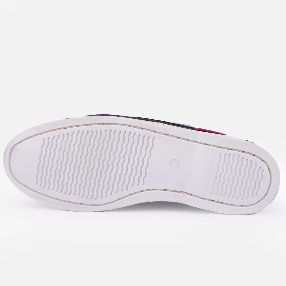 Sole view of the Hedgehogs Bianca ladies boat shoe in navy nubuck.