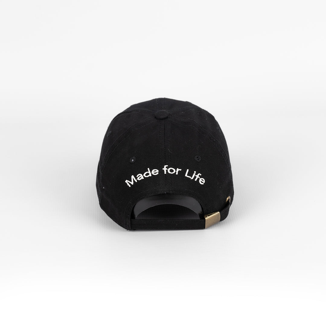 Rear view of the Hedgehogs Black Cotton Twill Cap, showing the adjustable strap closure and contrast real embroidery.