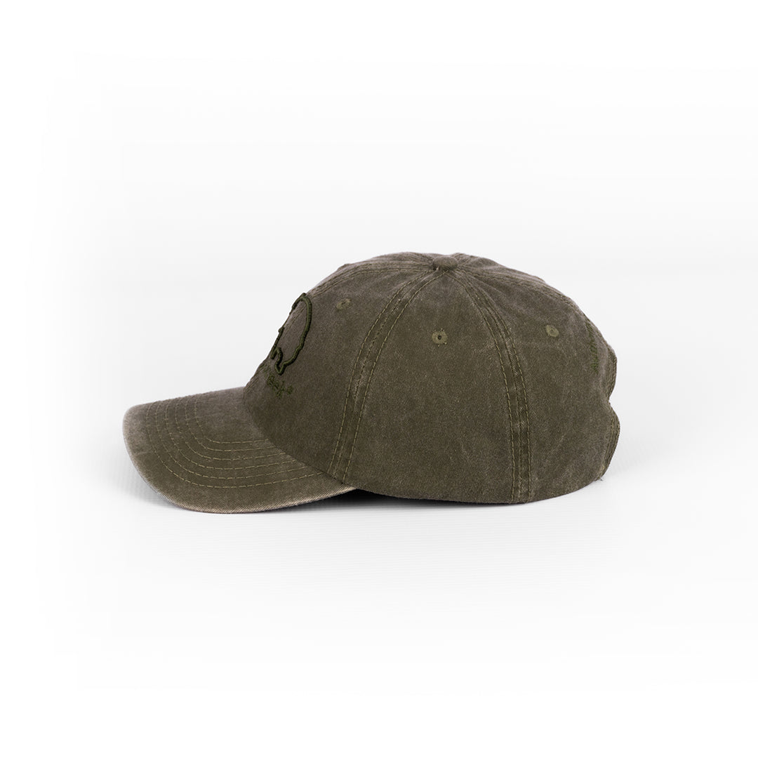 Alternate side profile of the Olive Washed Cotton Cap, detailing the six-panel construction.