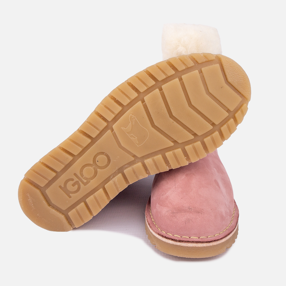 Detail view of the Igloo Tundra Boot in Pink Nubuck, showing the branded sole and sheared sheeps and lambswool lining and collar.