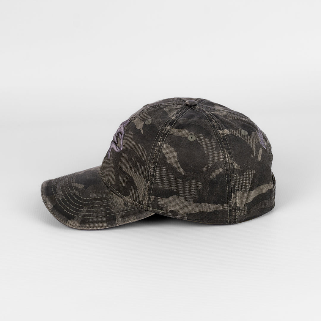 Alternate side profile of the Wolf Rock Oil Skin Camo cap in Charcoal.