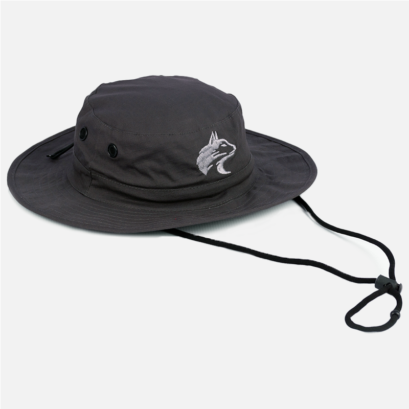 View of the Wolf Rock Charcoal Rip Stop Wide Brim hat, showing under chin strap detail.