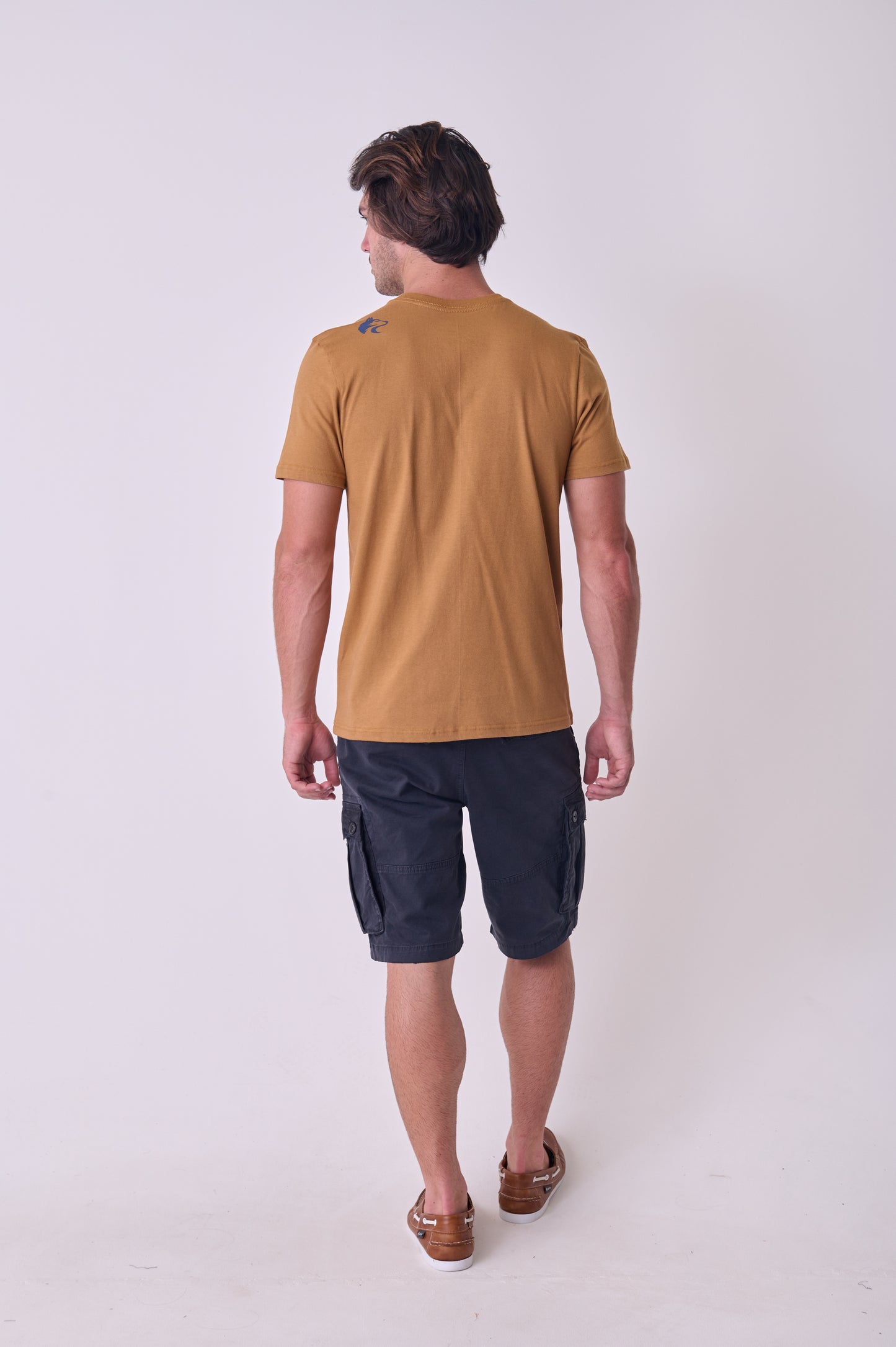Wolf Rock Contrast Printed Tee in Cider, showing the subtle logo brained on the back shoulder.