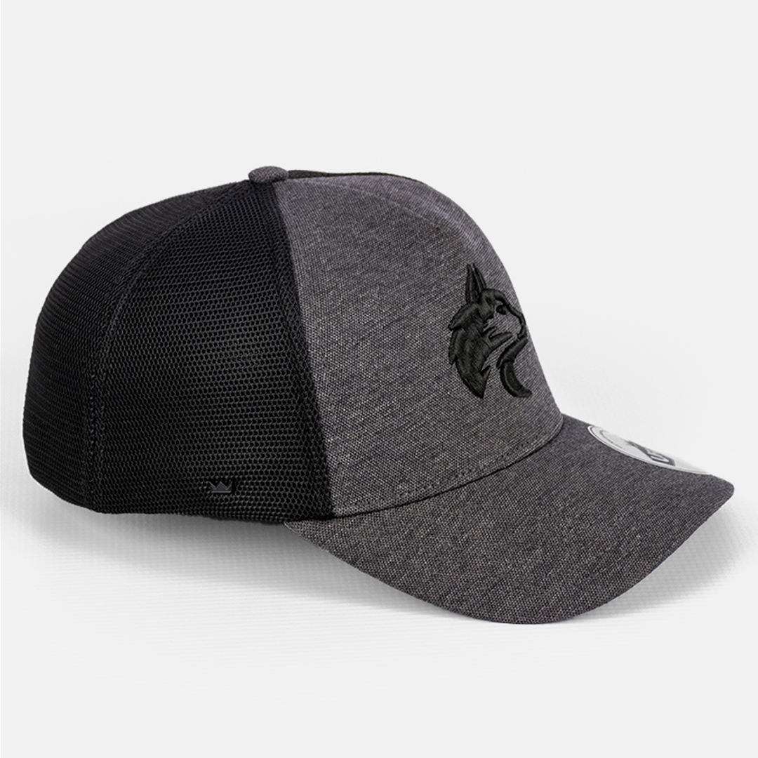 Side profile of the Grey U-Flex Trucker Cap, highlighting the fit and contrast materials.