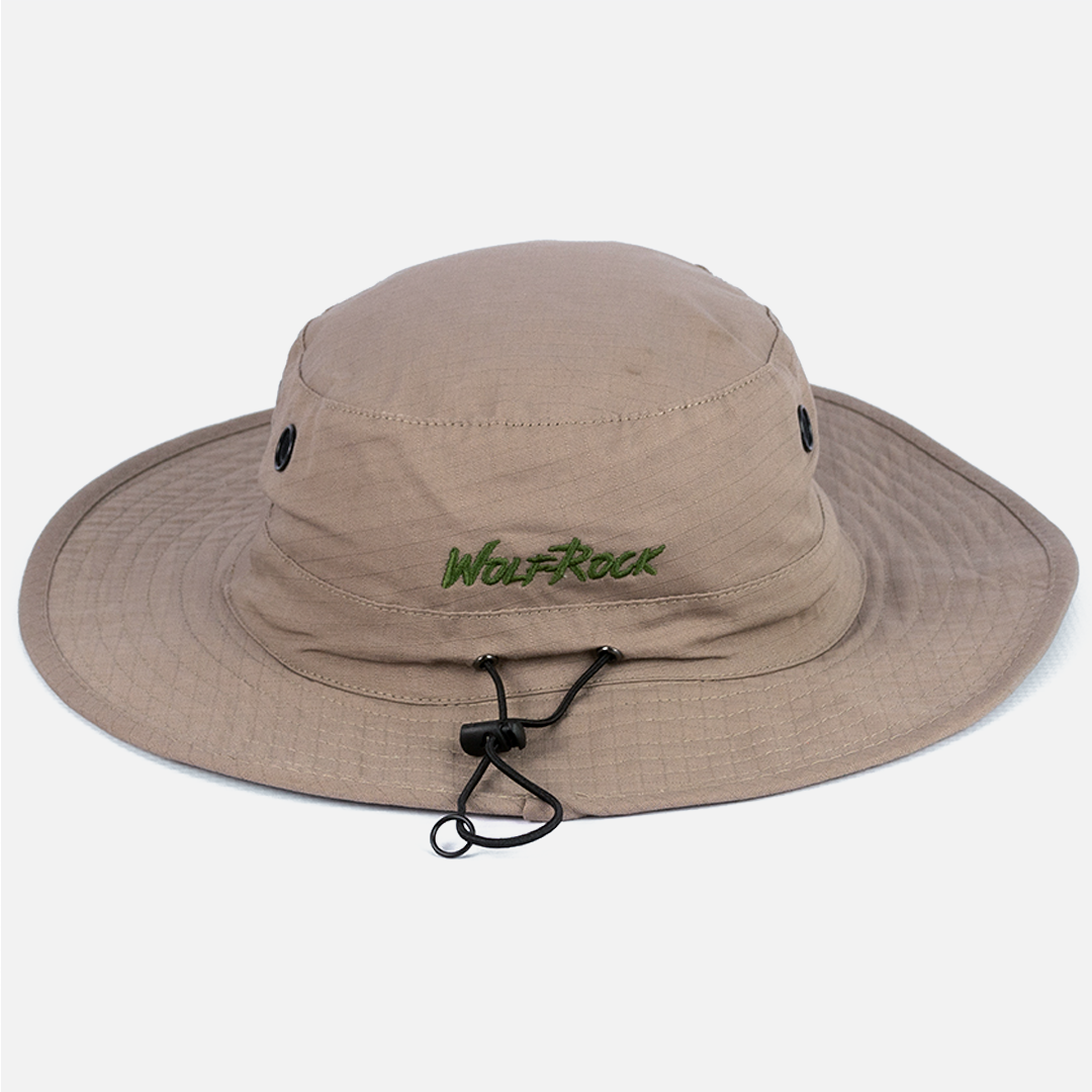 Rear view of the Wolf Rock Khaki Wide Brim hat, showing subtle green back embroidery and Rip Stop closure detail.