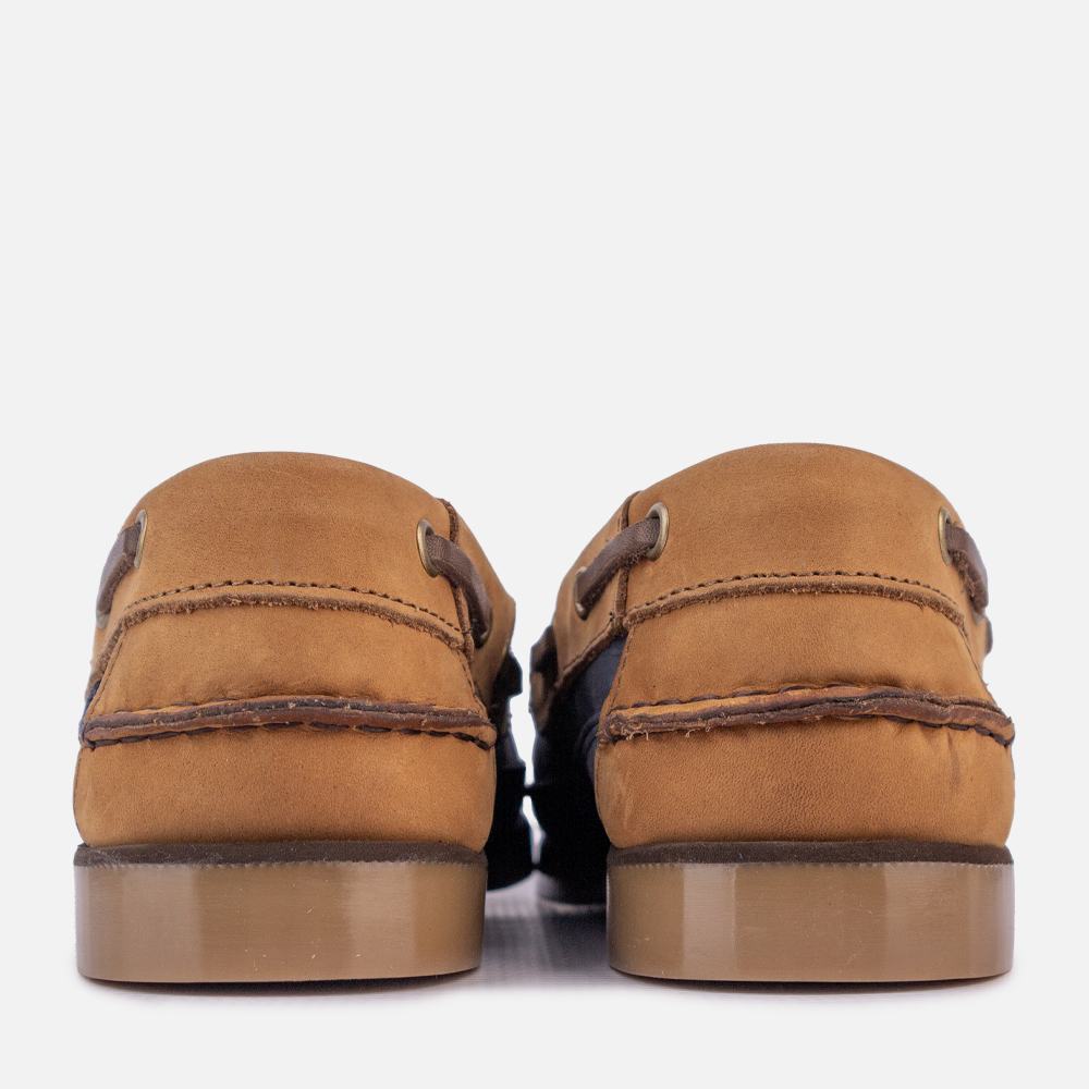 Rear view of the Wolf Rock Kyle Boat Shoe in Tan and Navy nubuck leather, a men's handcrafted leather shoe