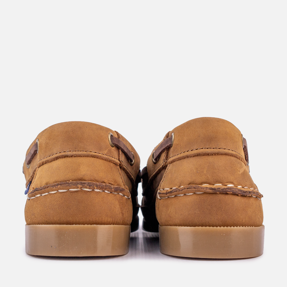 Rear view of the Wolf Rock Kyle Santiago Boat Shoe, a men's leather slip-on shoe.