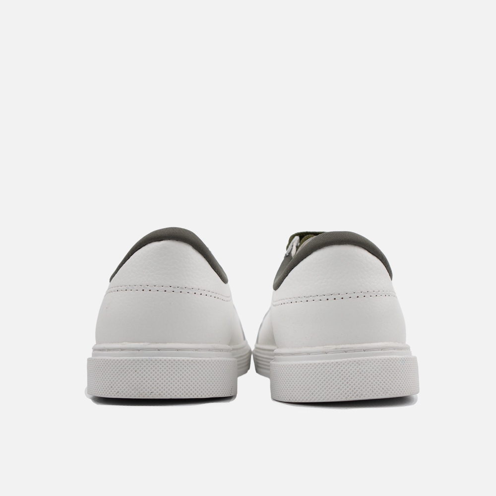 Rear view of Wolf Rock Cayden white leather shoe showing olive green collar.