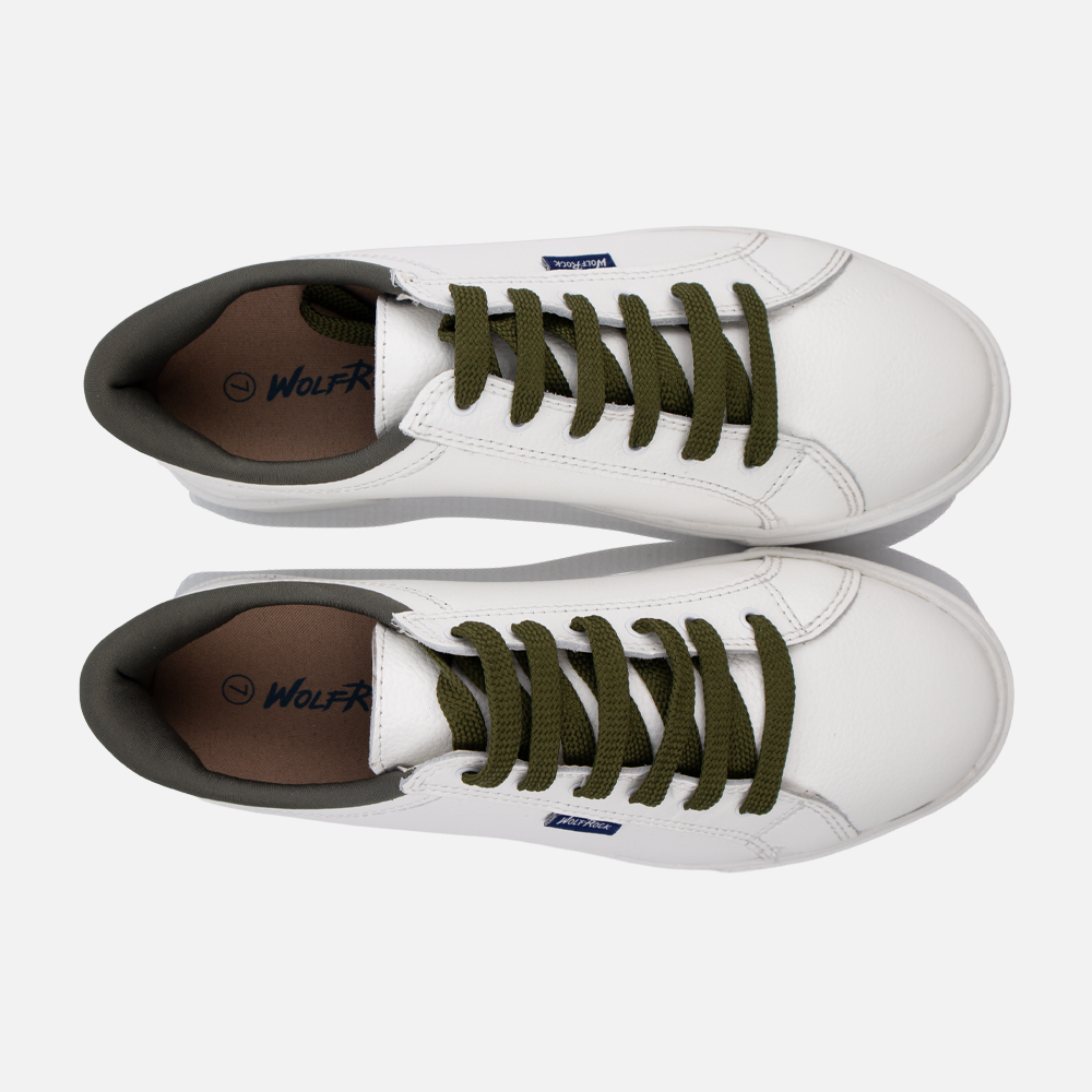 Top-down aerial view of Wolf Rock Cayden white leather shoes.