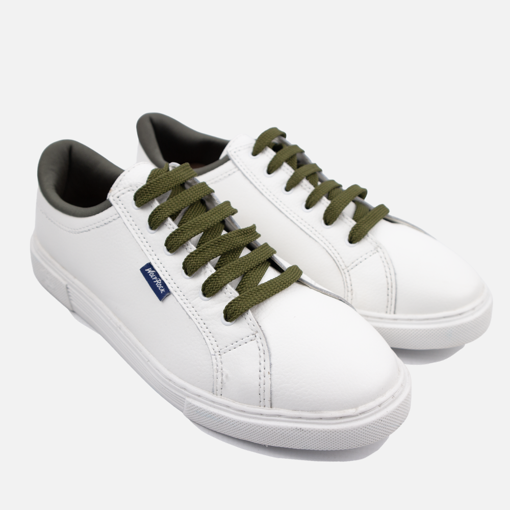 Front-angled pair view of Wolf Rock Cayden white leather shoes with olive accents.