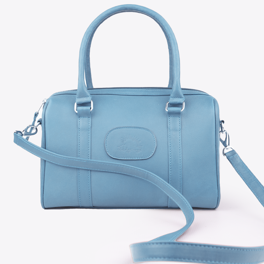 Hedgehogs Baby Blue Leather Bowler Handbag