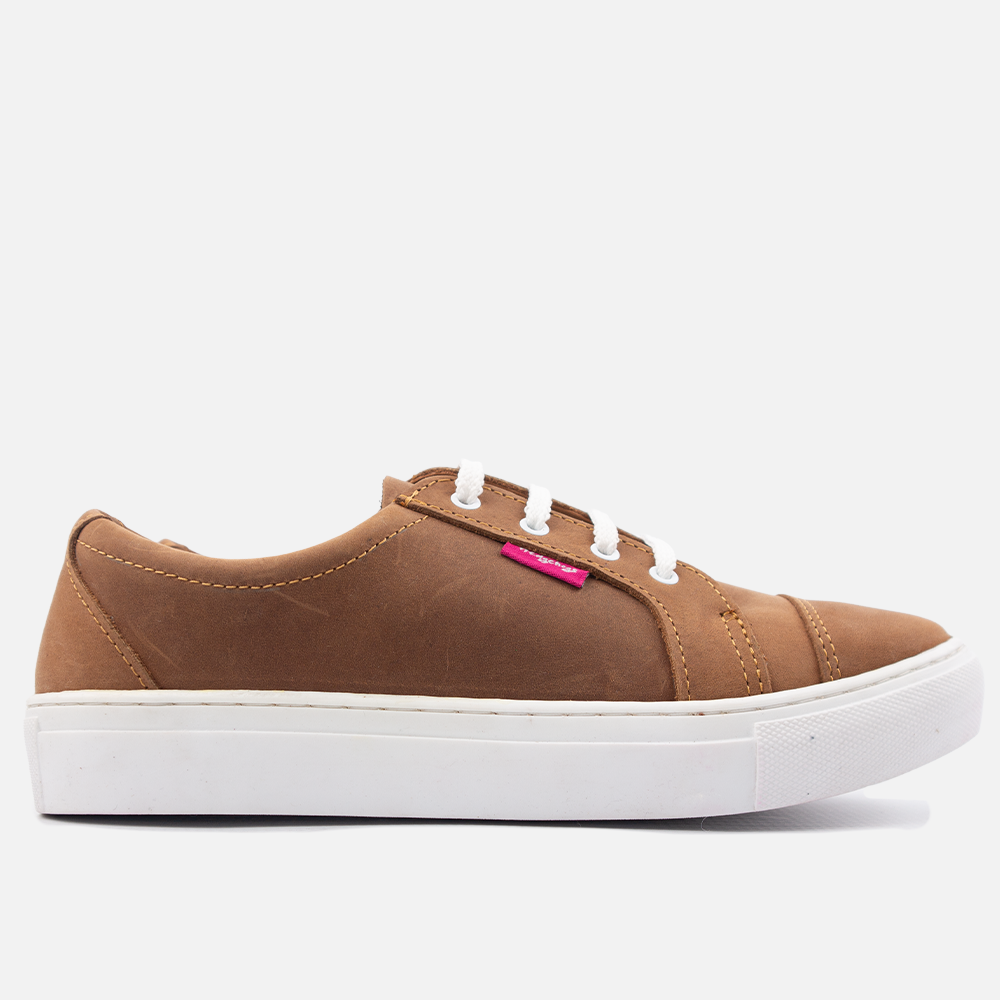 Side profile of the Hedgehogs Bailey Santiago Dark Choc sneaker highlighting panel stitching and the white cupsole.