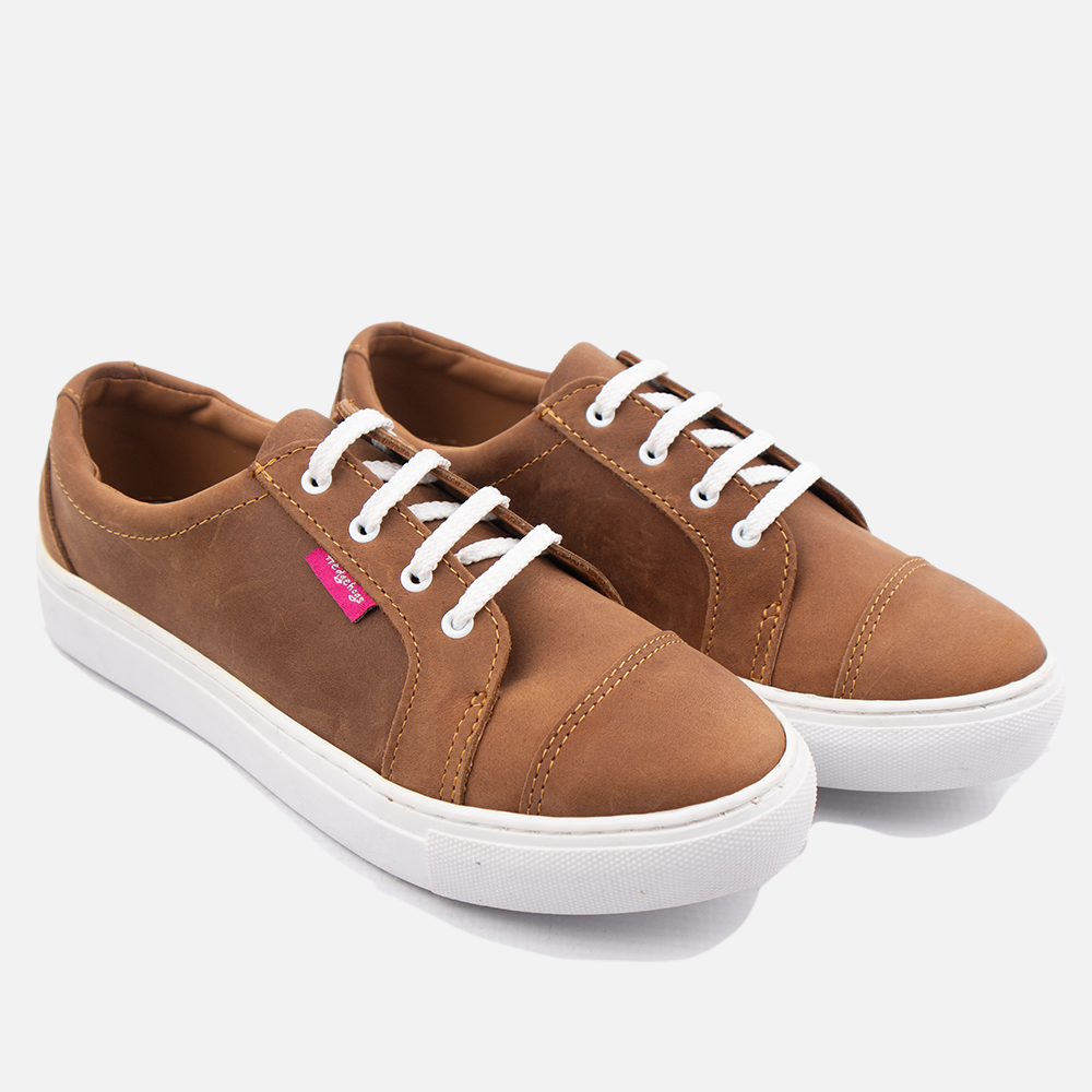 Front-angled pair view of Hedgehogs Bailey Santiago Dark Choc women's leather sneakers with white laces.