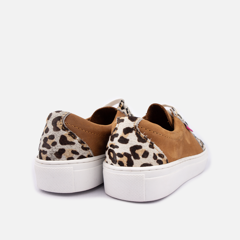 Rear view highlighting the leopard-print cow-hair heel counter on the Hedgehogs Katrina Exotic leather sneaker.