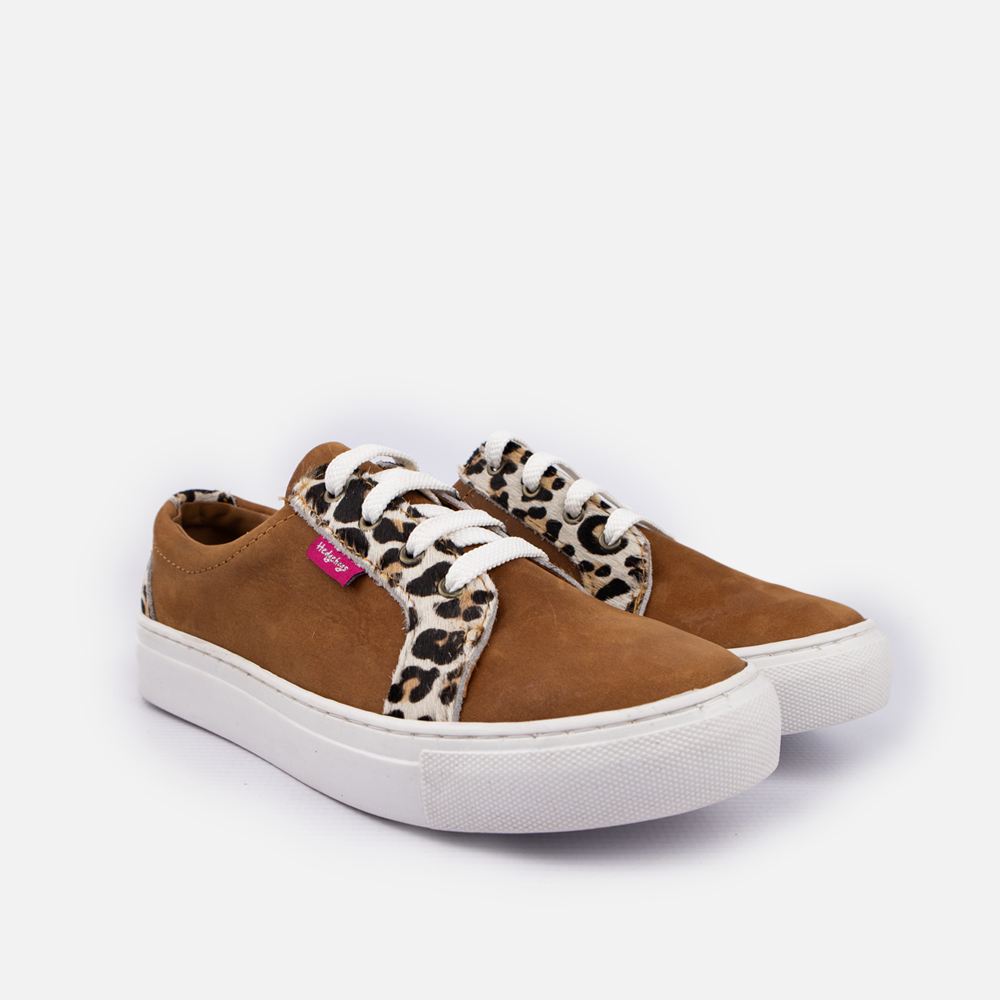 Front-angled pair view of Hedgehogs Katrina Exotic Houston Tan women's leather sneakers with leopard print detailing.