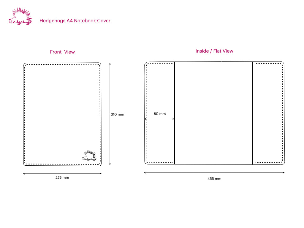 Dimensions of a Hedgehogs A4 Notebook Cover with front and inside views.