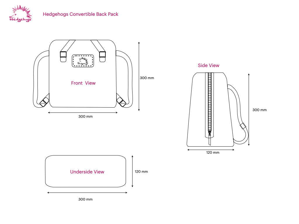 Dimensions and views of a Hedgehogs Convertible Backpack on a white background
