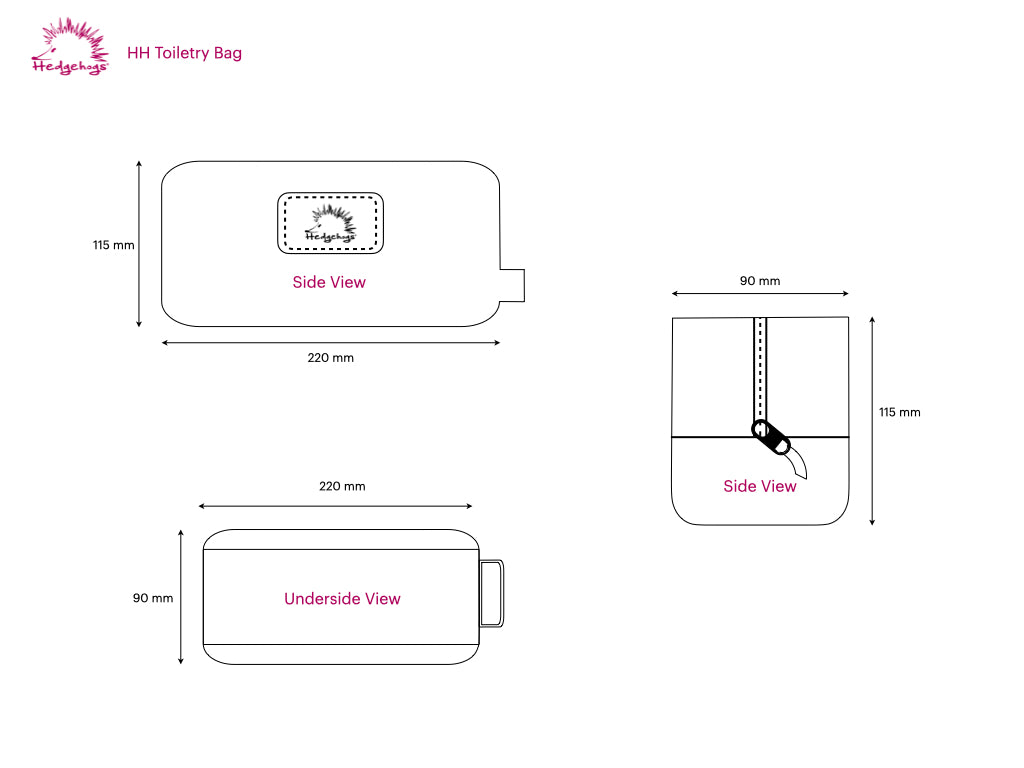 Dimensions and views of a toiletry bag with measurements in millimeters.