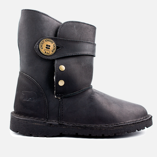 Side profile of the Igloo Alaska Black Nubuck Boot, a unisex premium leather winter boot with a black upper.