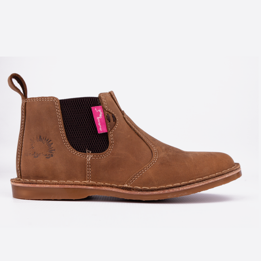 Side view of the Maddison Boot, a women's mid boot with a guest in Santiago dark choc tan leather