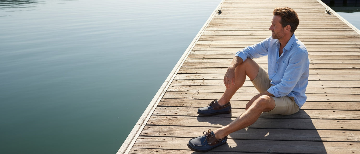 Man sitting on a wooden dock by a body of water wearing Wolf rock boat shoes