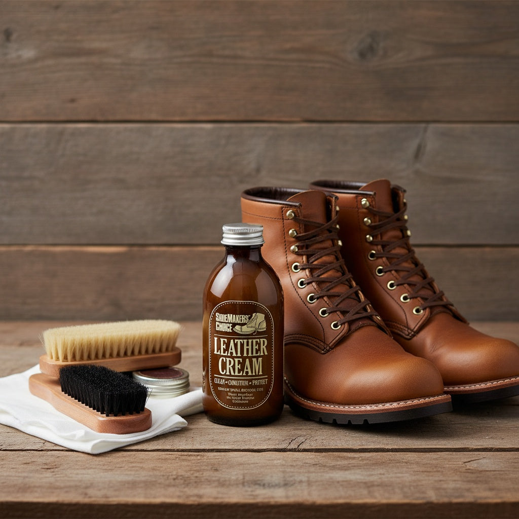 Brown leather boots with Shoemakers Choice leather care products on a wooden surface
