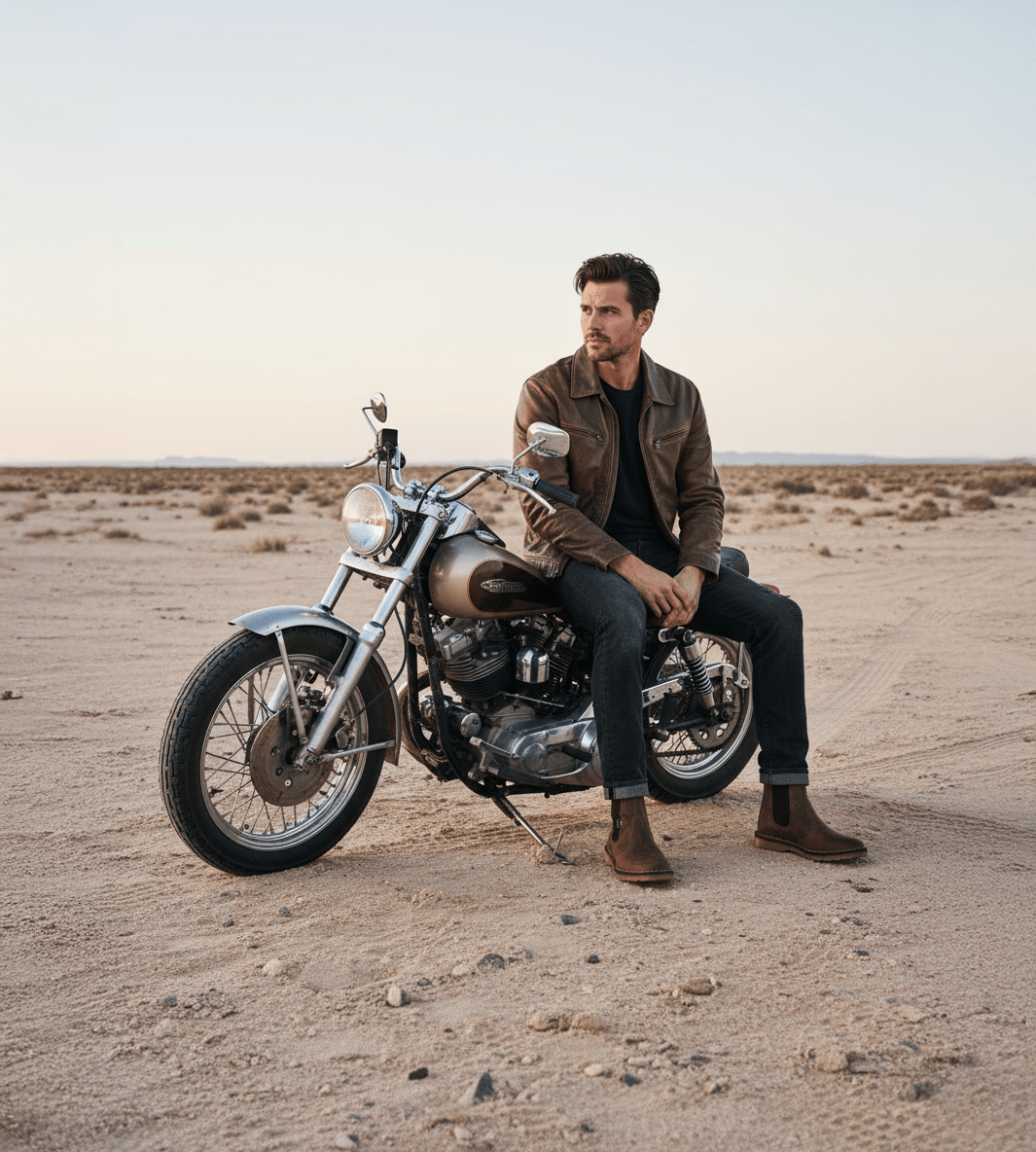 Man sitting on a motorcycle in a desert landscape wearing Wolf Rock leather boots