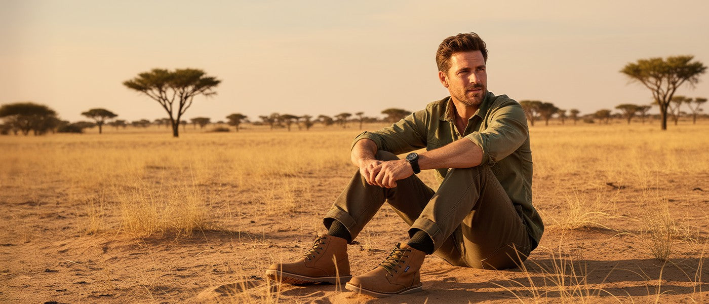 Man wearing khaki clothing and Wolf Rock boots sitting on a dirt road in a desert landscape with trees in the background
