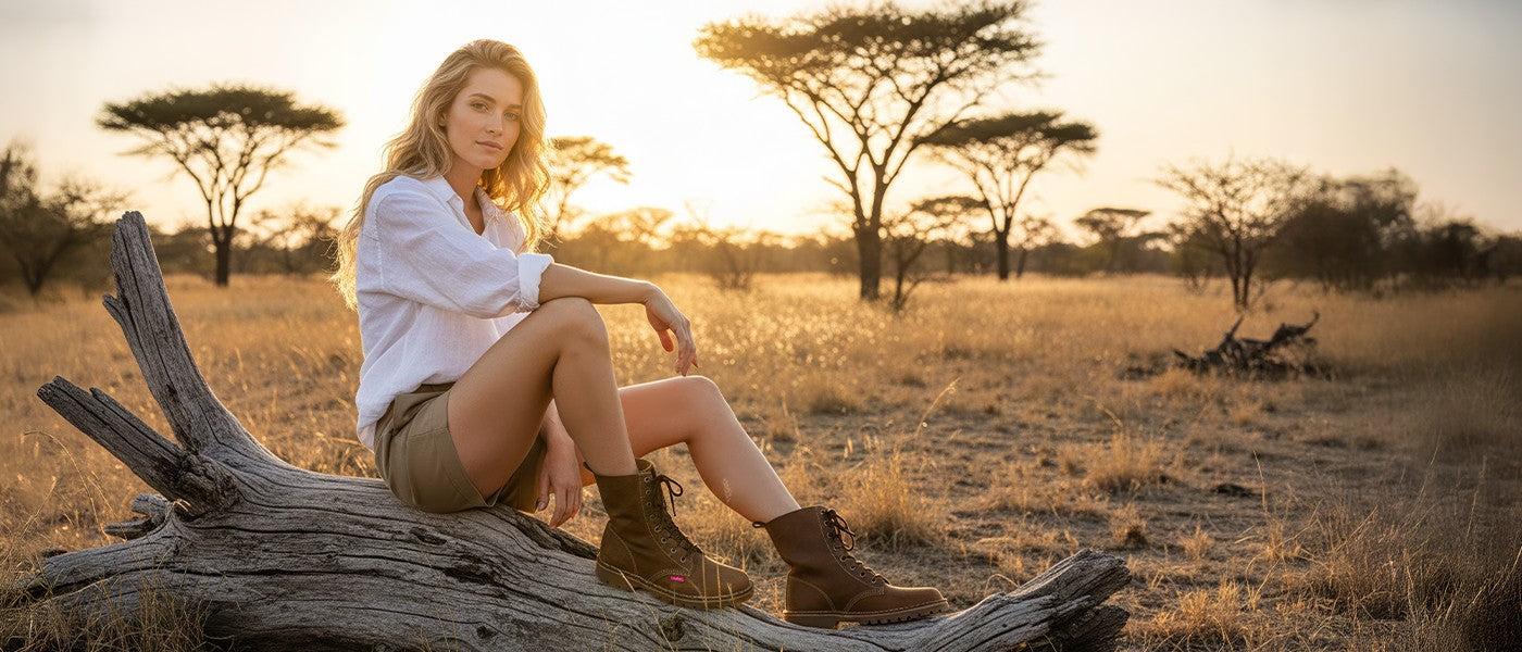 Woman sitting on a log in a savannah landscape wearing Hedgehogs leather boots