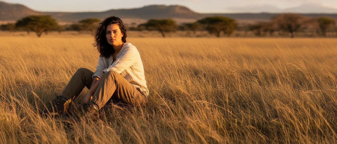 Woman sitting in a field of tall grass wearing Hippocreek leather boots