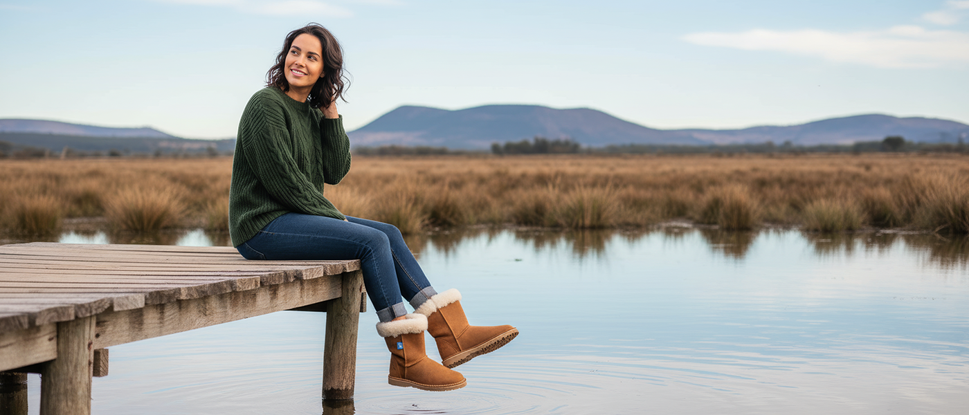 Woman wearing Igloo boots sitting on a wooden dock by a lake with mountains in the background