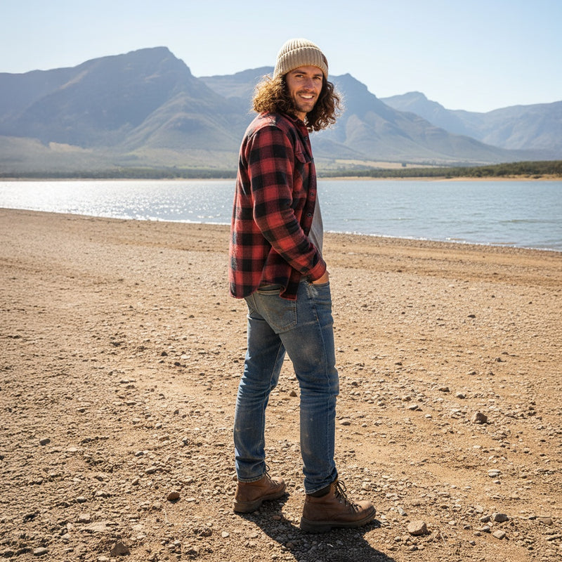 Man wearing a Wolf Rock cream hat standing on a beach with mountains in the background