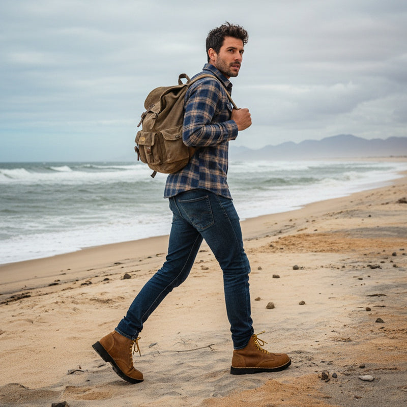 Man walking on a beach with a backpack, plaid shirt and brown Wolf Rock boots