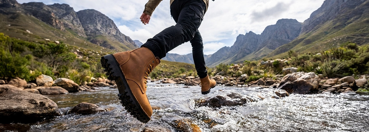 Person wearing brown Wolf Rock Axel boots stepping over a stream in a mountainous landscape