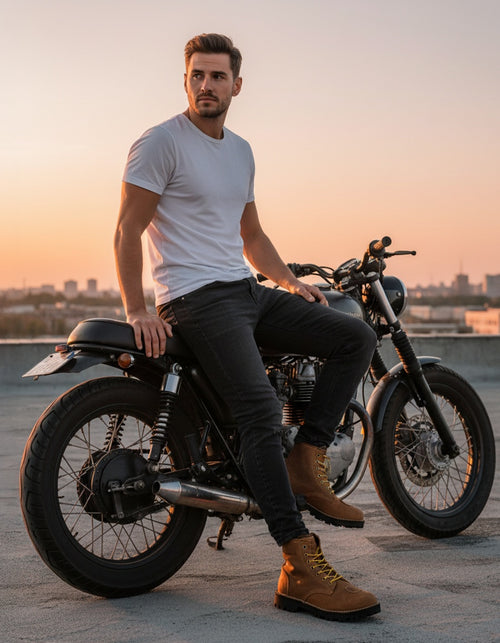 Man wearing Wolf Rock leather boots sitting on a motorcycle at sunset with a cityscape in the background