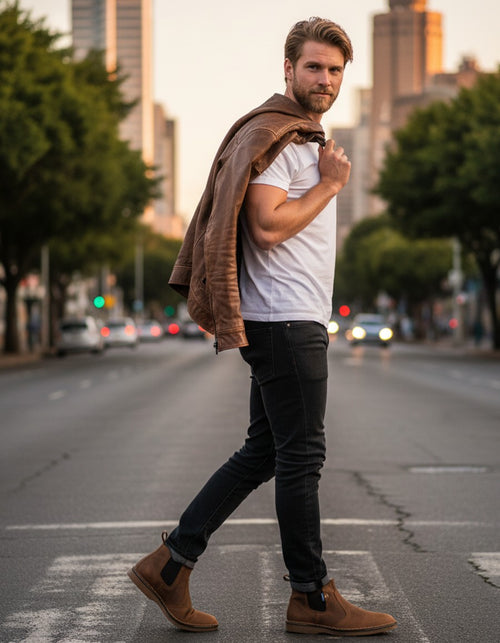 Man wearing Wolf Rock leather boots walking on a city street with buildings and trees in the background