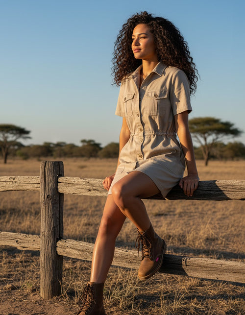 Woman in a safari outfit wearing Hedgehogs boots sitting on a wooden fence in a natural setting