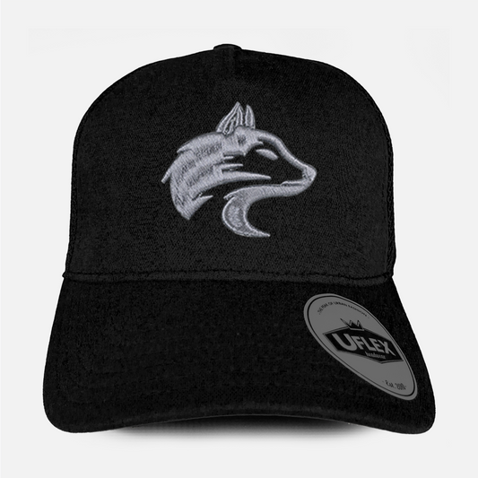 Front view of the Wolf Rock Black U-Flex Trucker Cap, showing the structured front panel.