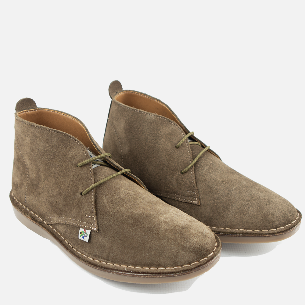 A pair of Wolf Rock Made in ZA traditional mens veldskoen style boots in olive suede, with olive green laces, displayed on a clean white background.