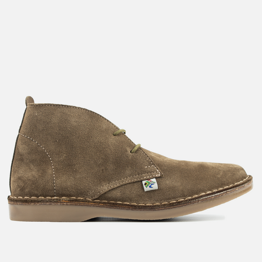 Side Profile showing the Wolf Rock mens traditional style suede Veldskoen in olive suede and a heritage style branding tag