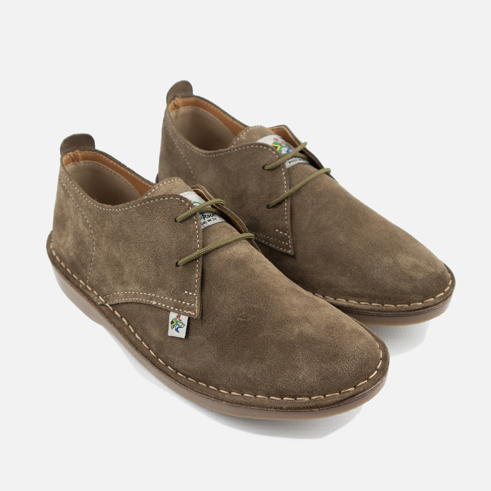 A Pair of Mens Dillon MADE in ZA suede shoes in olive green, showing olive green laces and heritage brand tag
