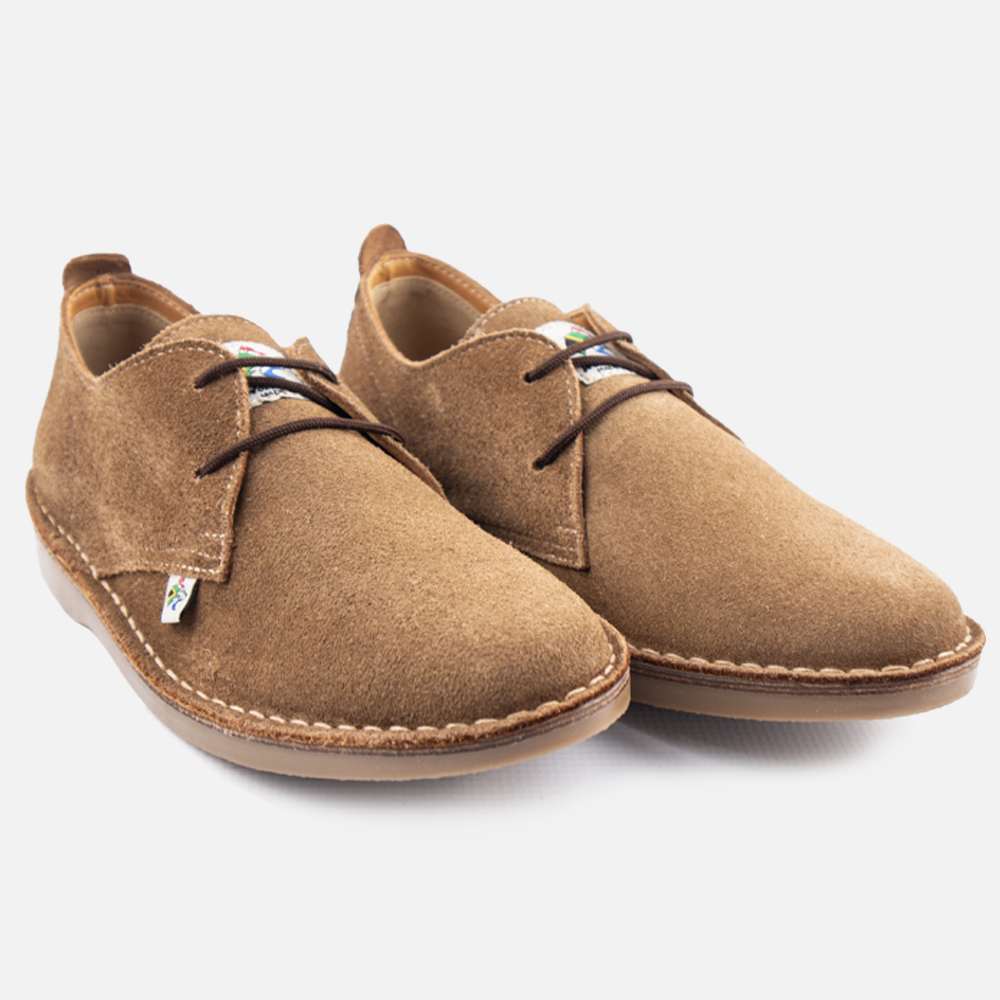 A Pair of Mens Dillon MADE in ZA suede shoes in donkey suede, showing contrast brown  laces and heritage brand tag
