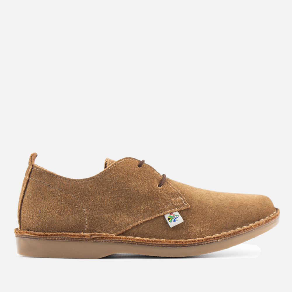Side View of the Wolf Rock Dillon MADE in ZA suede mens veldskoen-style shoe in donkey suede with brown laces.
