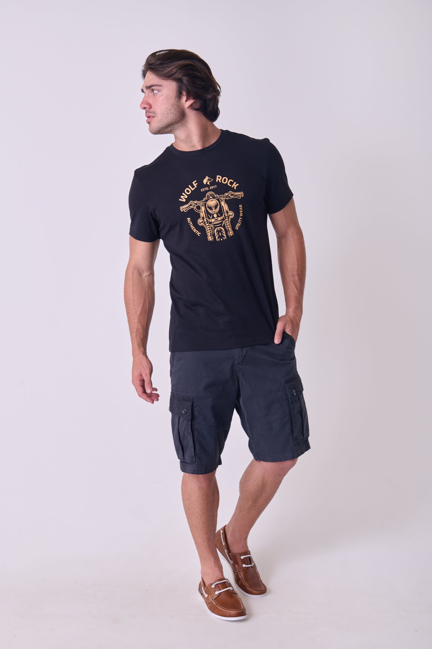 Close-up of the durable graphic print on the Wolf Rock Black Moto Lights T-shirt