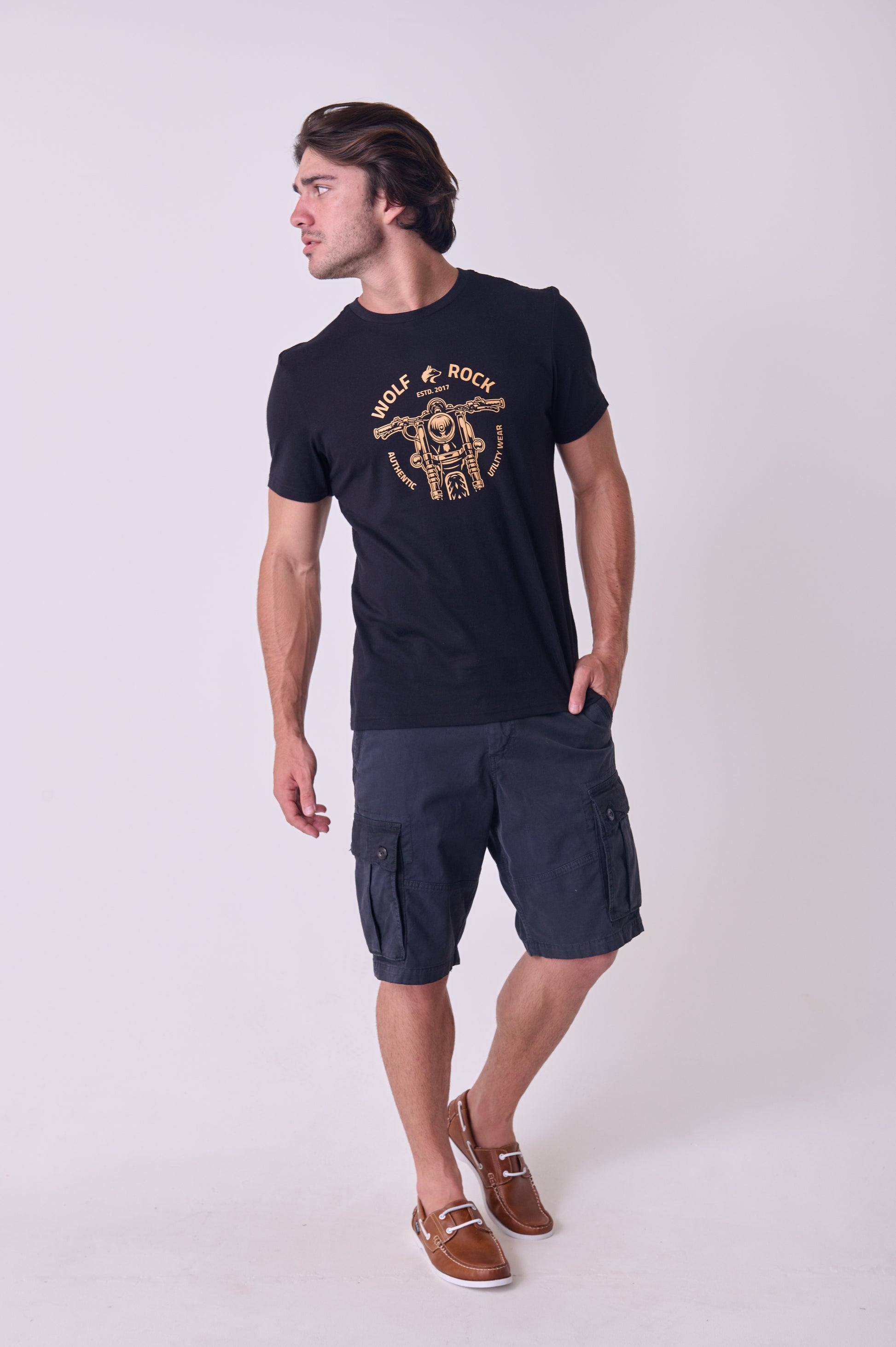 Close-up of the durable graphic print on the Wolf Rock Black Moto Lights T-shirt