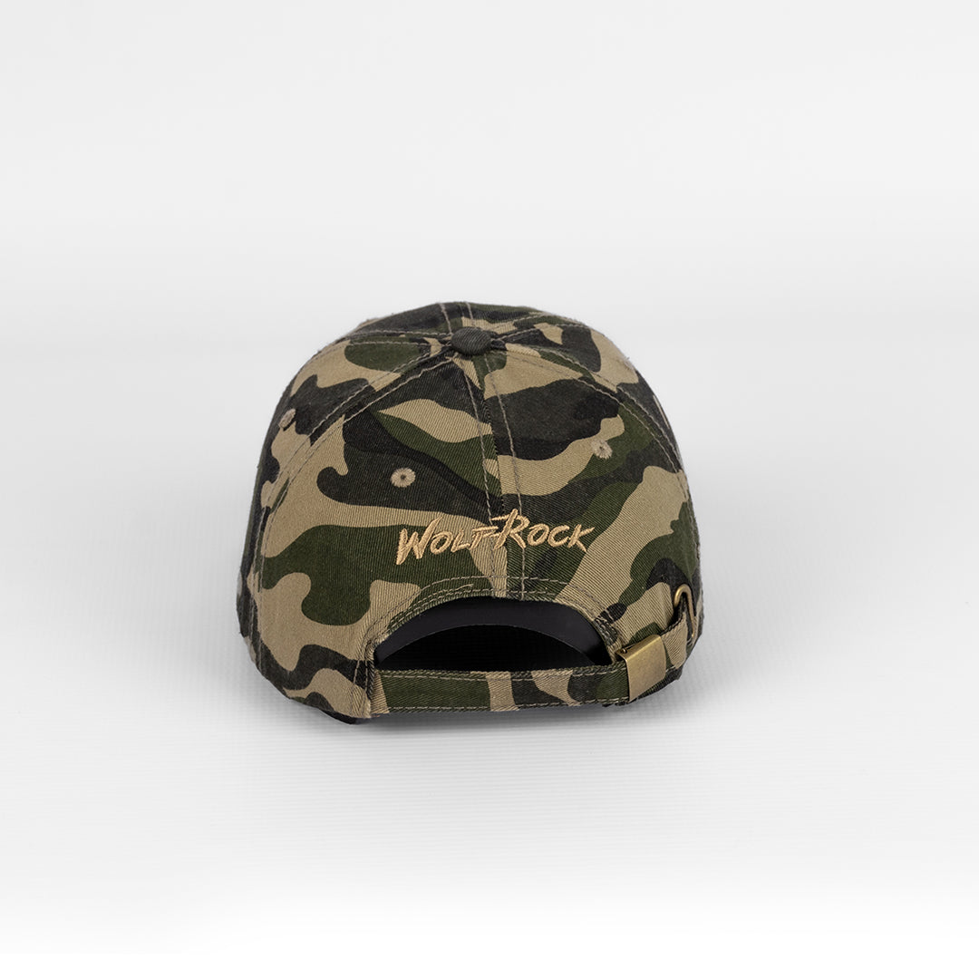 Rear view of the Wolf Rock Washed Cotton Oil Skin Camo Cap.
