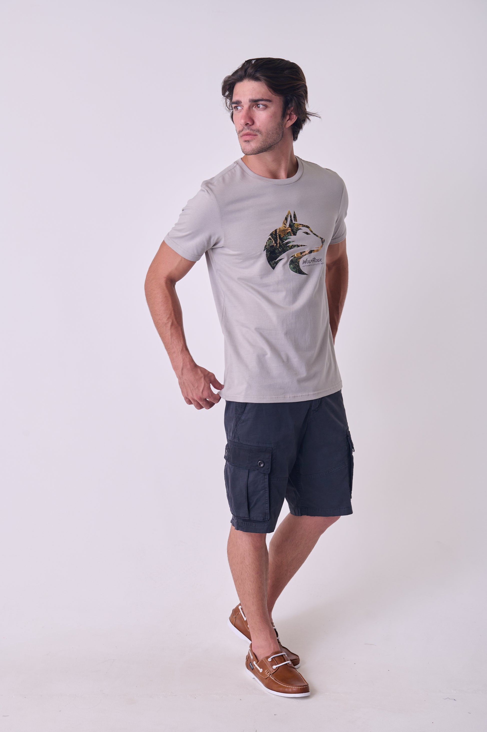 Close-up of the fabric and subtle 'WR' print detail on the Grey Wolf Rock T-shirt.