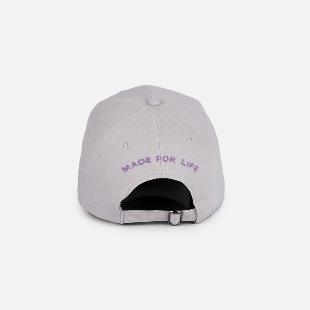Rear view of the Hedgehogs Grey Rip Stop Cap, showing the adjustable closure and subtle lilac back embroidery.