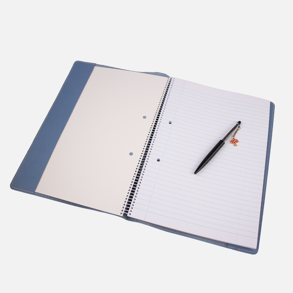 Internal view of the Hedgehogs ladies A4 full grain leather notebook cover, showing a notebook fitted inside the cover.